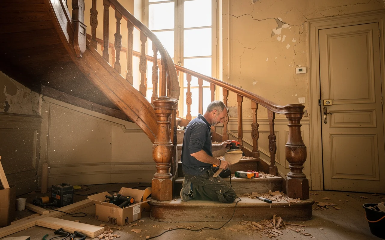 Chantier de rénovation, restauration d'un escalier en bois