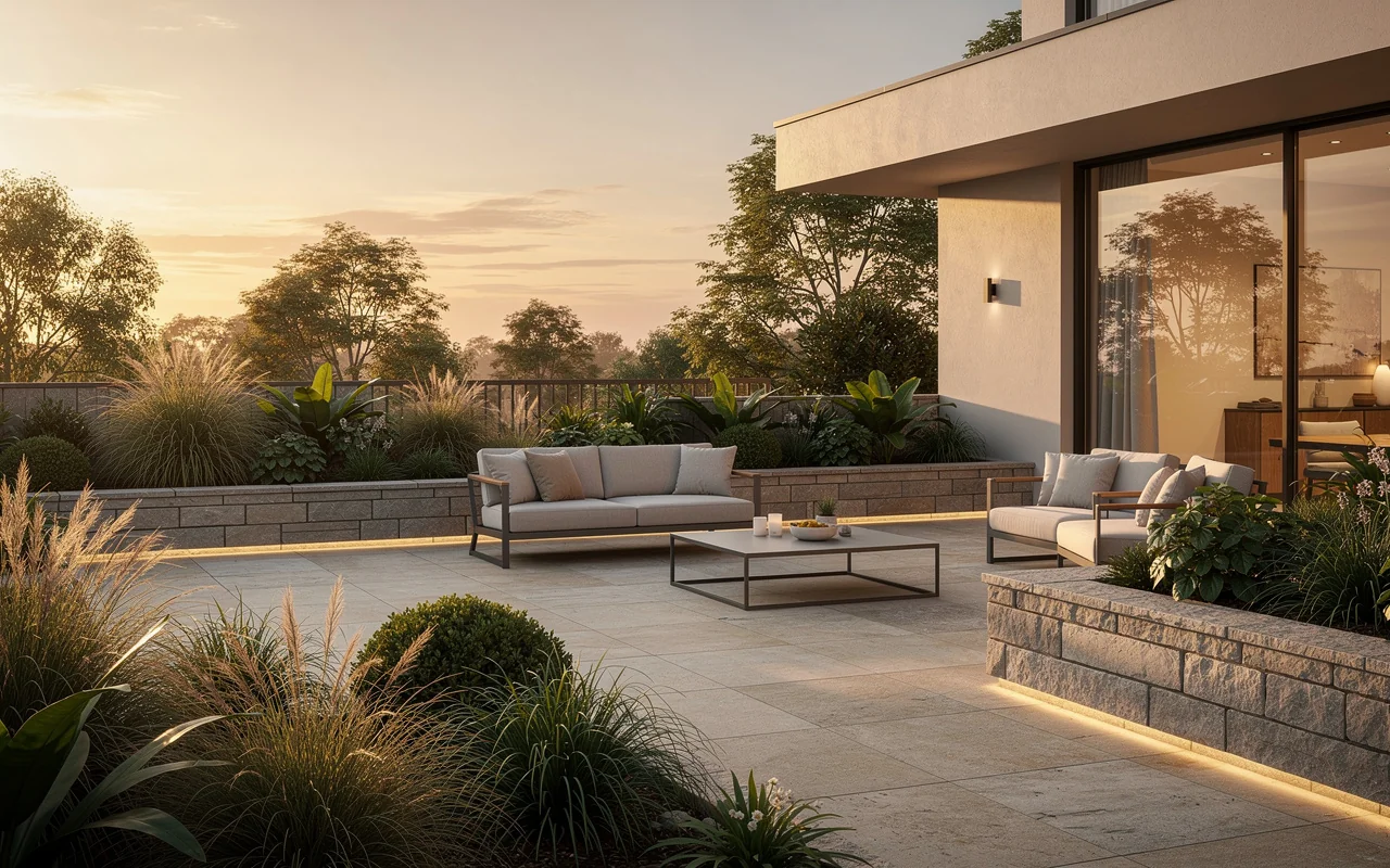 Jardin et terrasse d'une maison au coucher de soleil